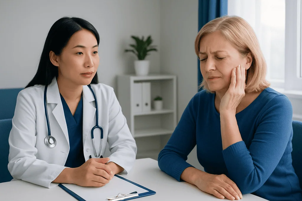 Doctor consulting with a patient experiencing facial pain or spasms.