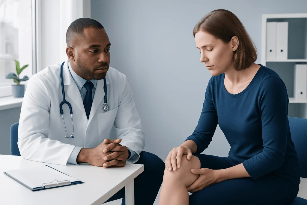 Doctor consulting with a patient about knee pain in a modern clinic.