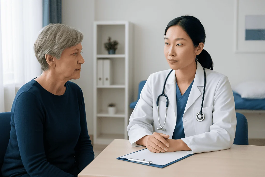Doctor consulting with an elderly female patient in a medical office.