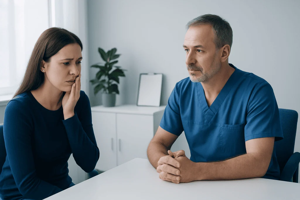 Dentist consulting patient about dental health in a clinic setting.