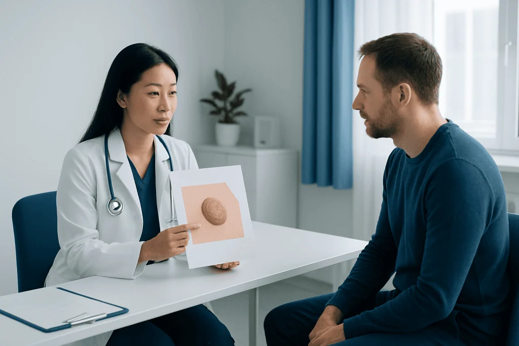 Doctor explaining intradermal nevus to patient with skin image model.
