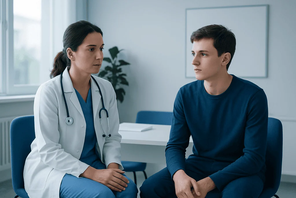 Doctor consulting with a young male patient in a medical office.