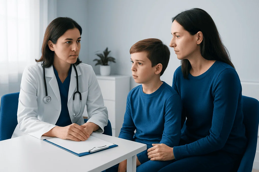 Doctor consulting with a young boy and his mother in a medical office.
