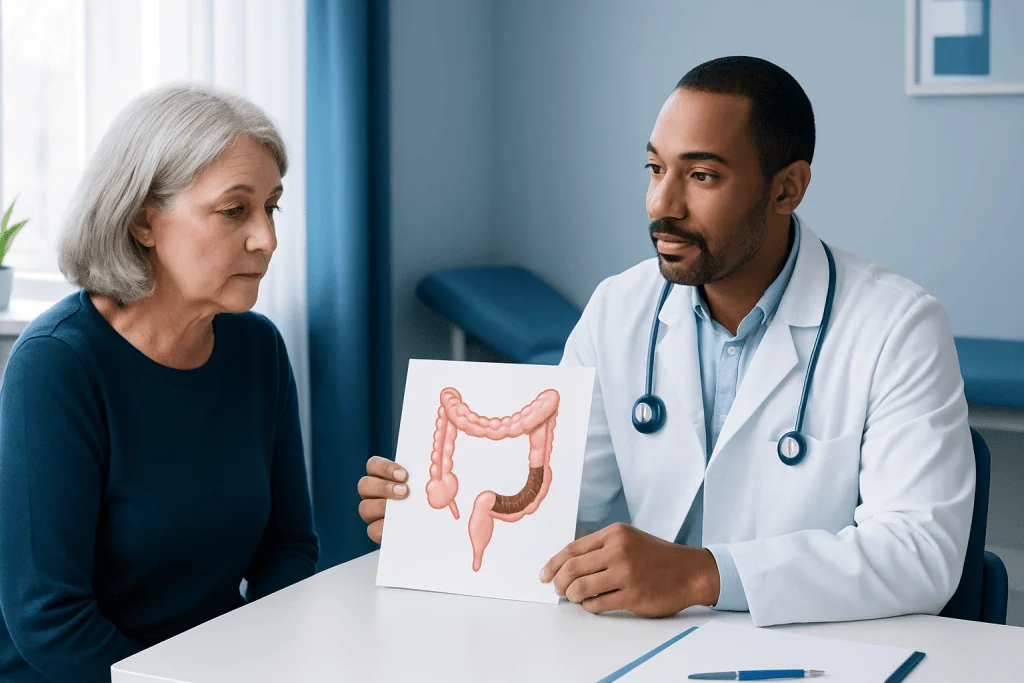 Doctor explaining colon diagram to an elderly woman in a consultation room.