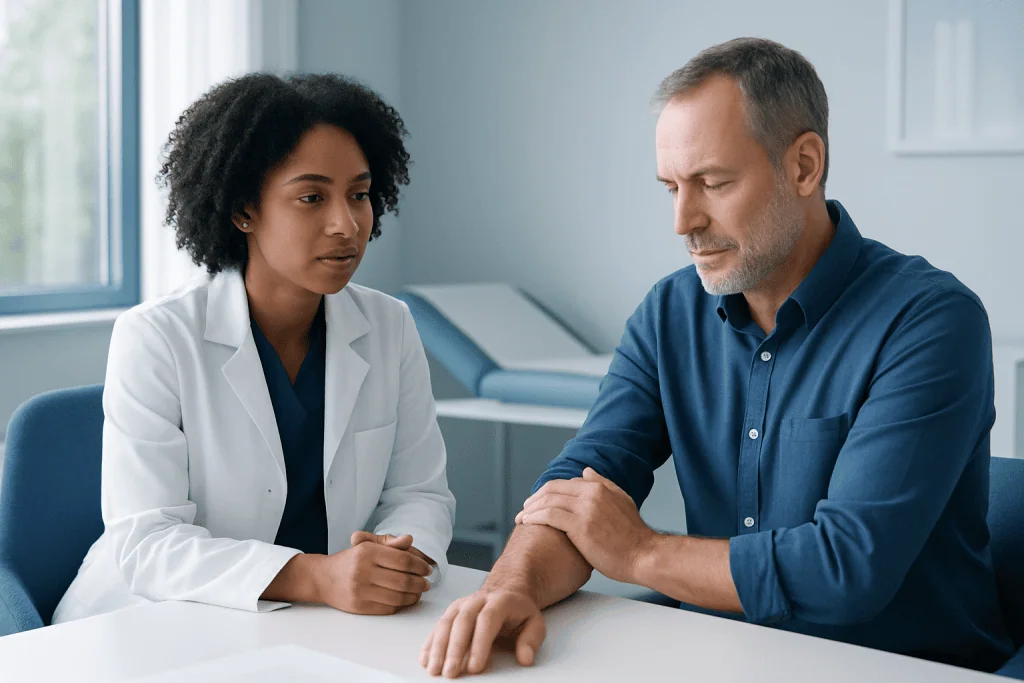 Doctor consulting with patient about neurological symptoms in clinic setting.