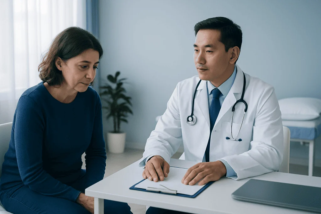 Doctor consulting with a female patient in a modern hospital room.