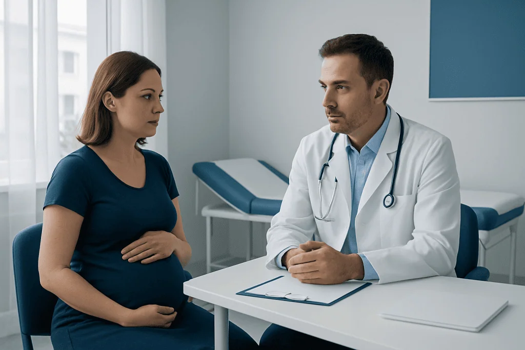 Doctor consulting with pregnant woman in a hospital room.