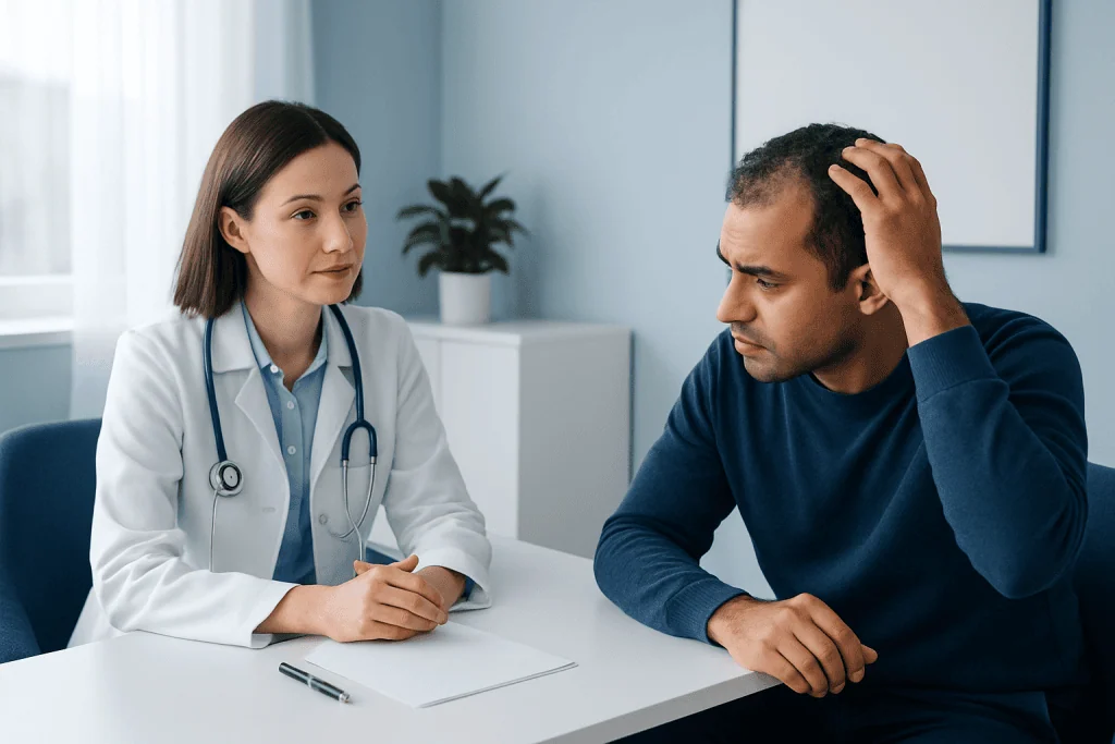 Doctor consulting with patient about scalp issues in a clinic setting.