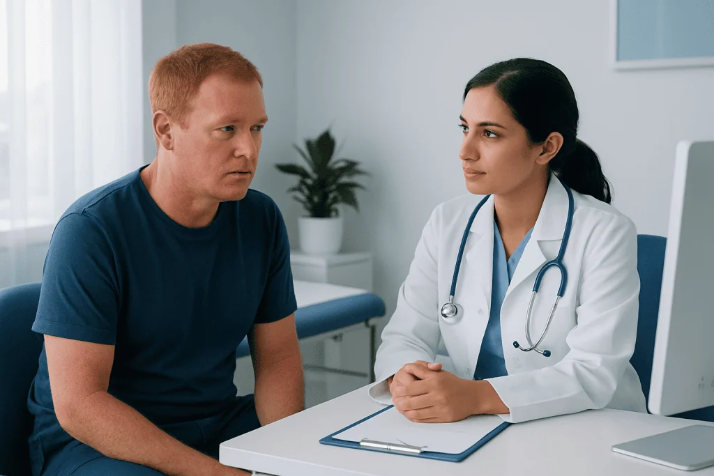 Doctor consulting with male patient in a medical office setting.