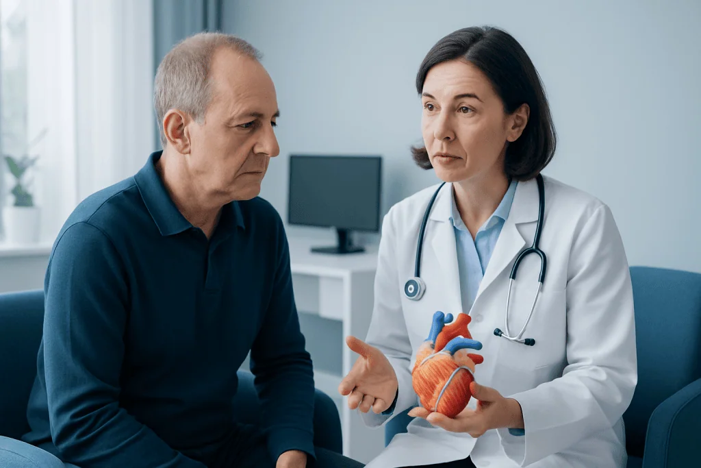 Doctor explaining heart anatomy to patient in a medical consultation.