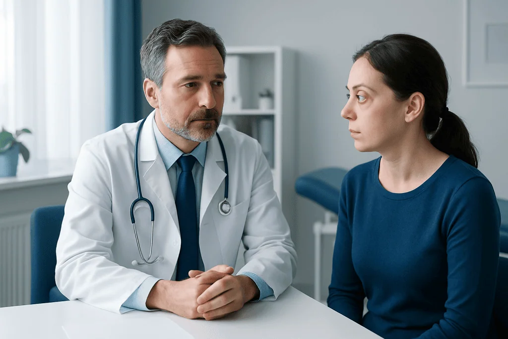 Doctor consulting with a female patient in a medical office.