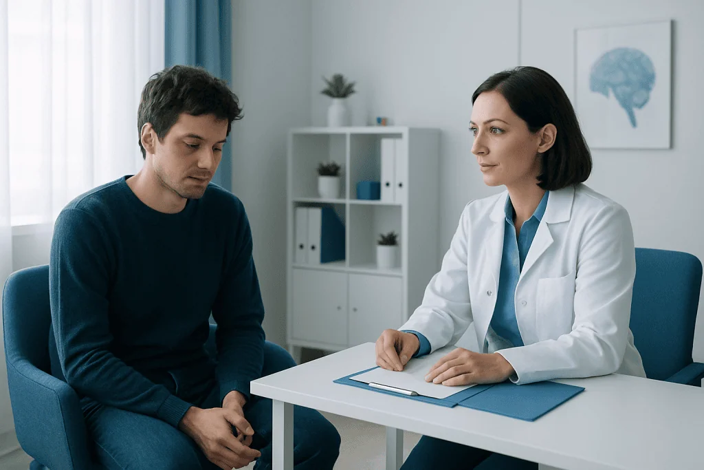 Psychiatrist consulting with a patient in a modern clinic setting.