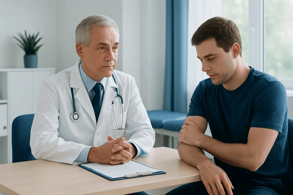 Doctor consulting with young male patient about medical concerns.
