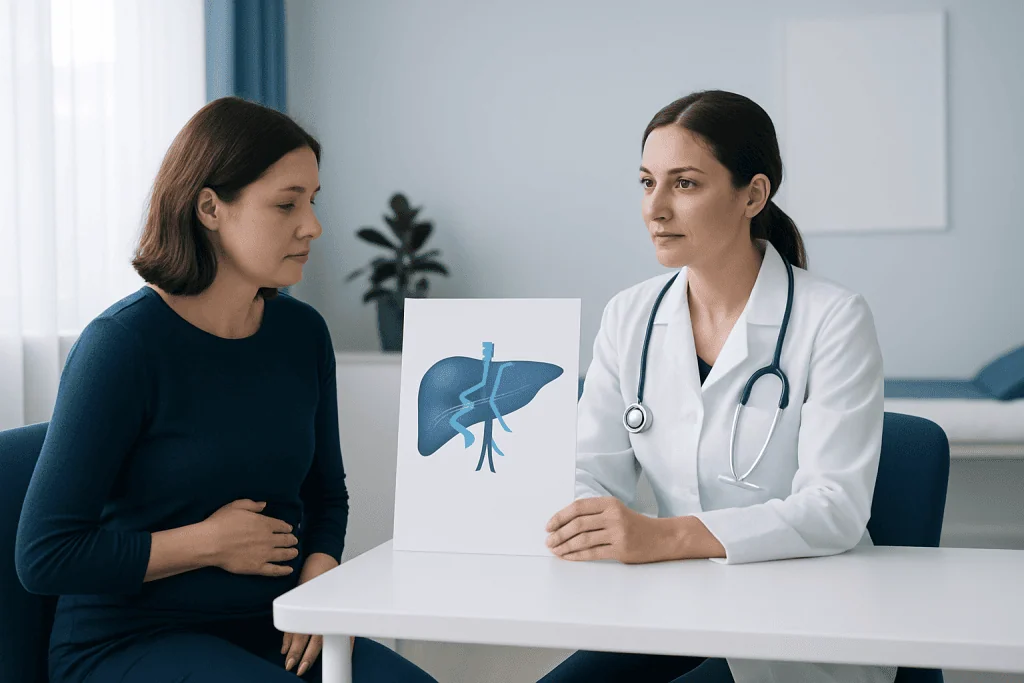 Doctor explaining liver anatomy to patient in consultation room.