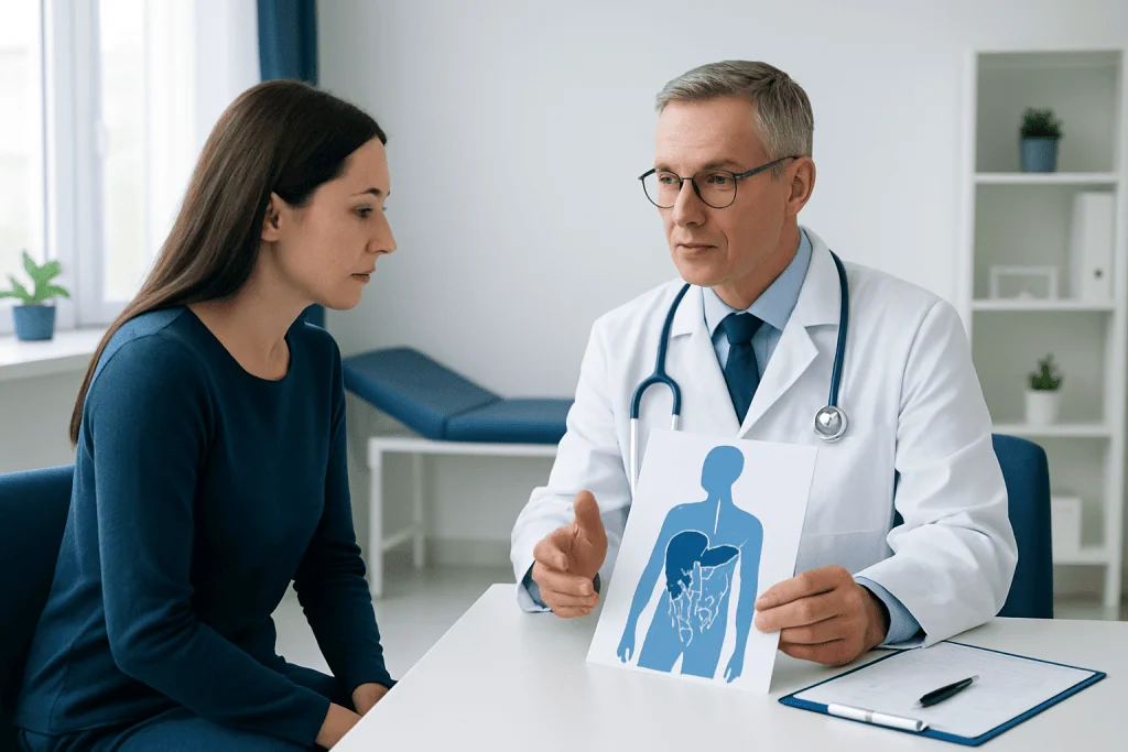 Doctor explaining digestive system to patient in a consultation room.