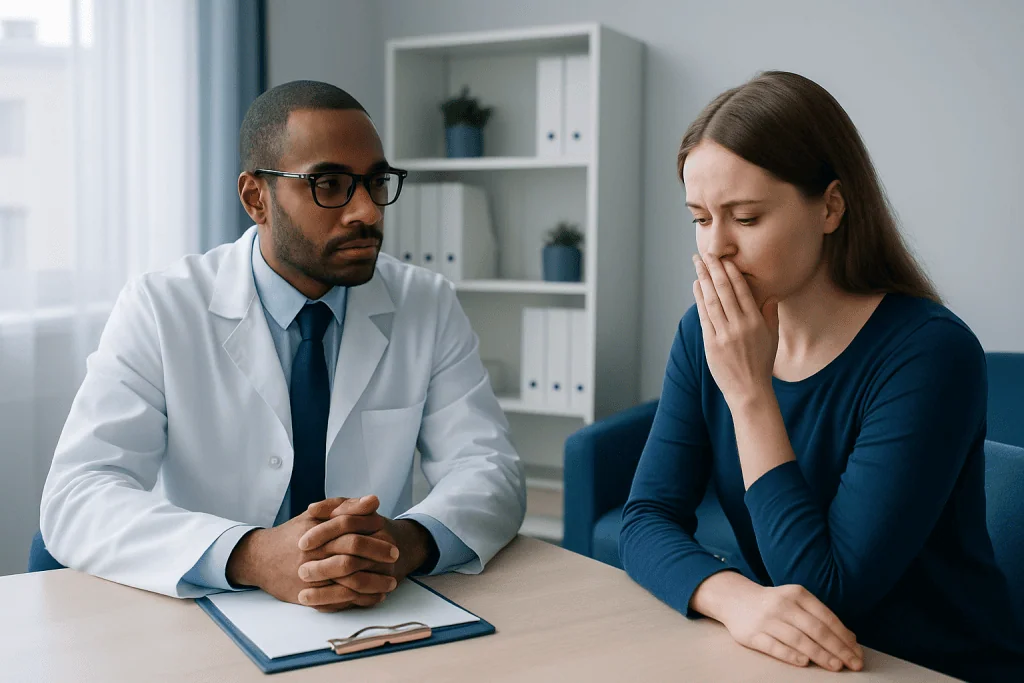 Doctor consulting with a patient about mysophobia and hygiene concerns.