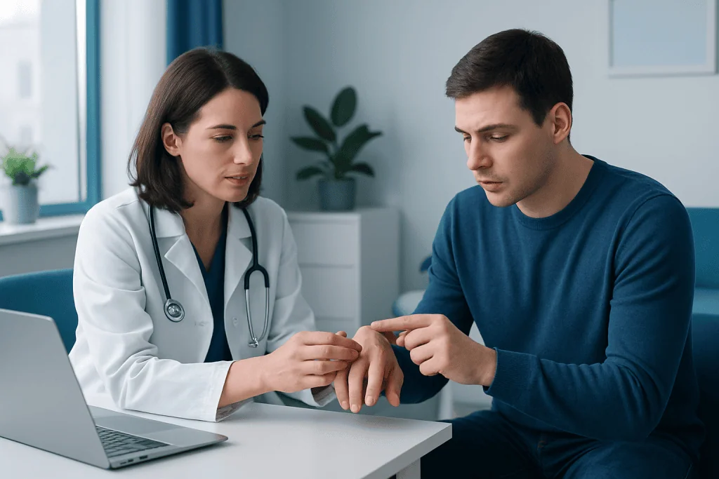 Doctor examining patient's hand for periungual wart diagnosis.