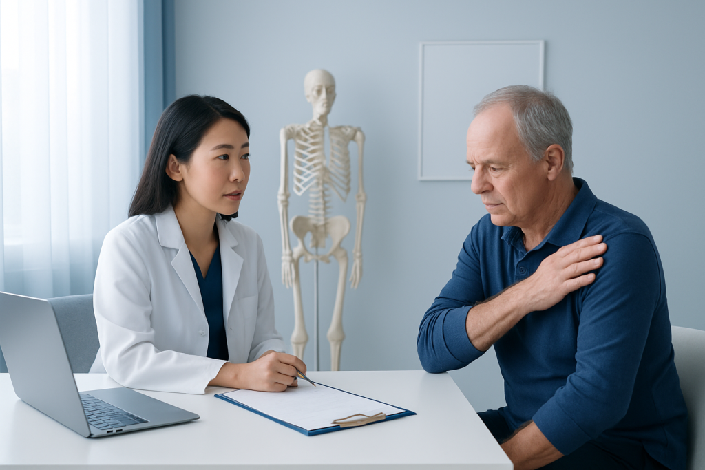 Doctor consulting with an elderly patient about musculoskeletal health.