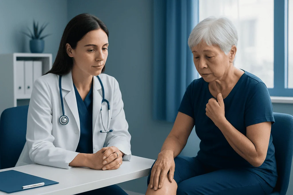Doctor consulting with elderly patient in a medical office.