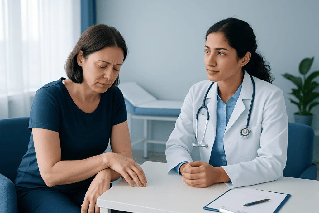 Doctor consulting with a patient about medical symptoms in a clinical setting.