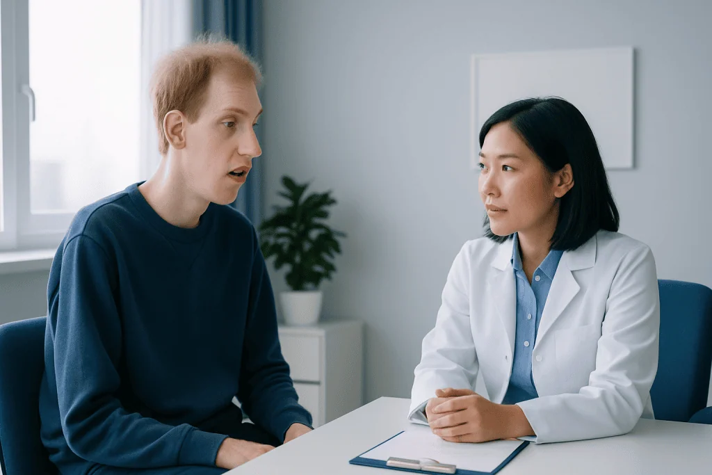 Doctor consulting with a patient in a medical office setting.