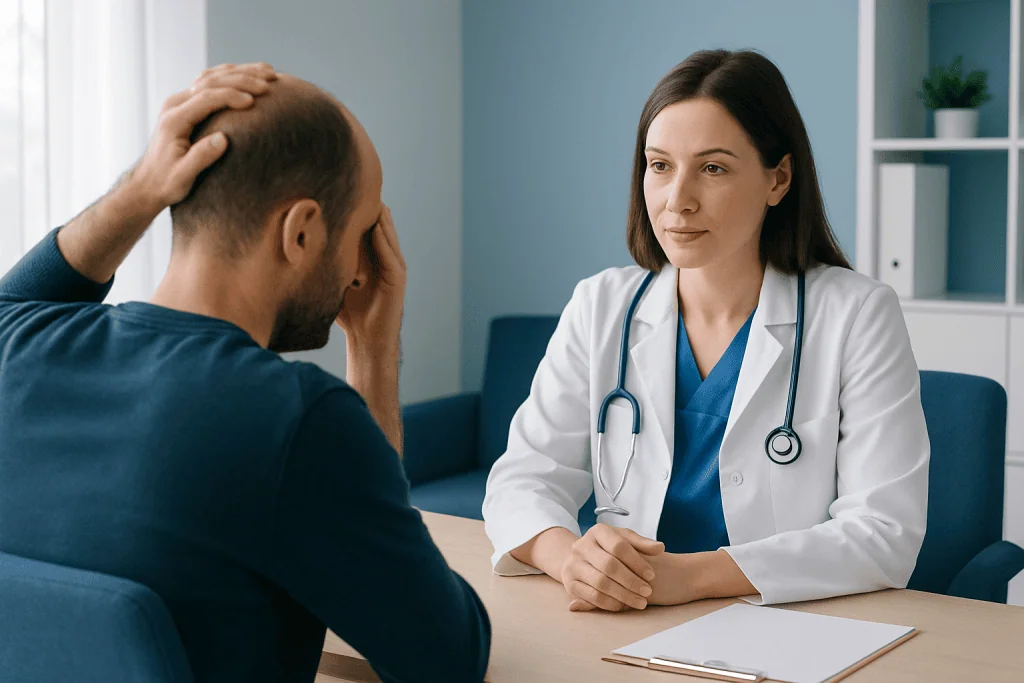 Doctor consulting with patient about hair loss concerns.