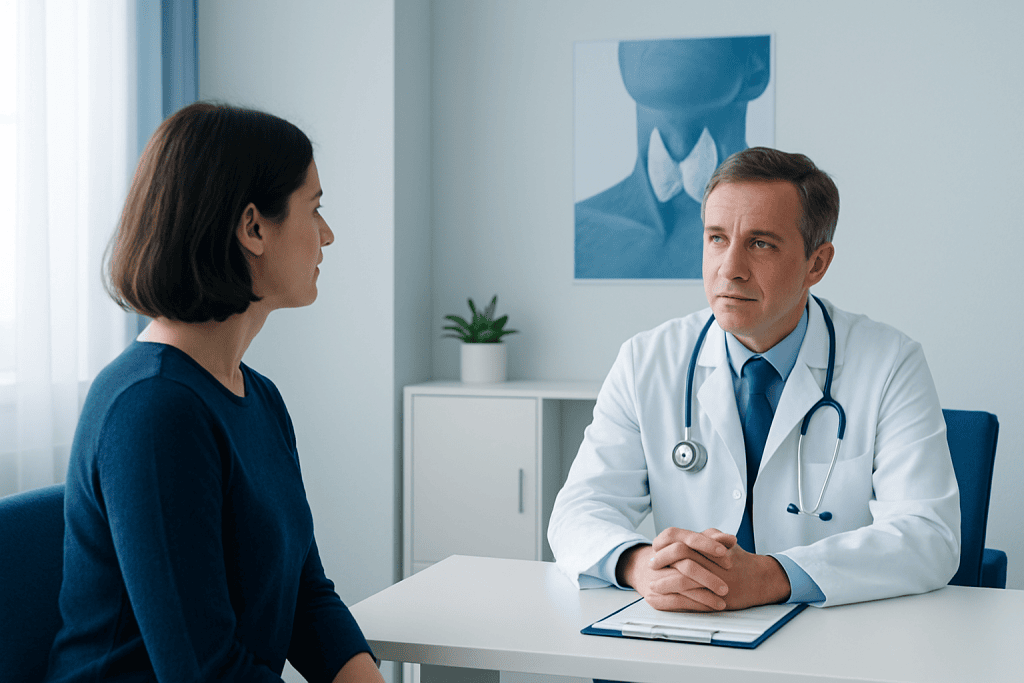 Doctor consulting patient about thyroid health in a medical office.