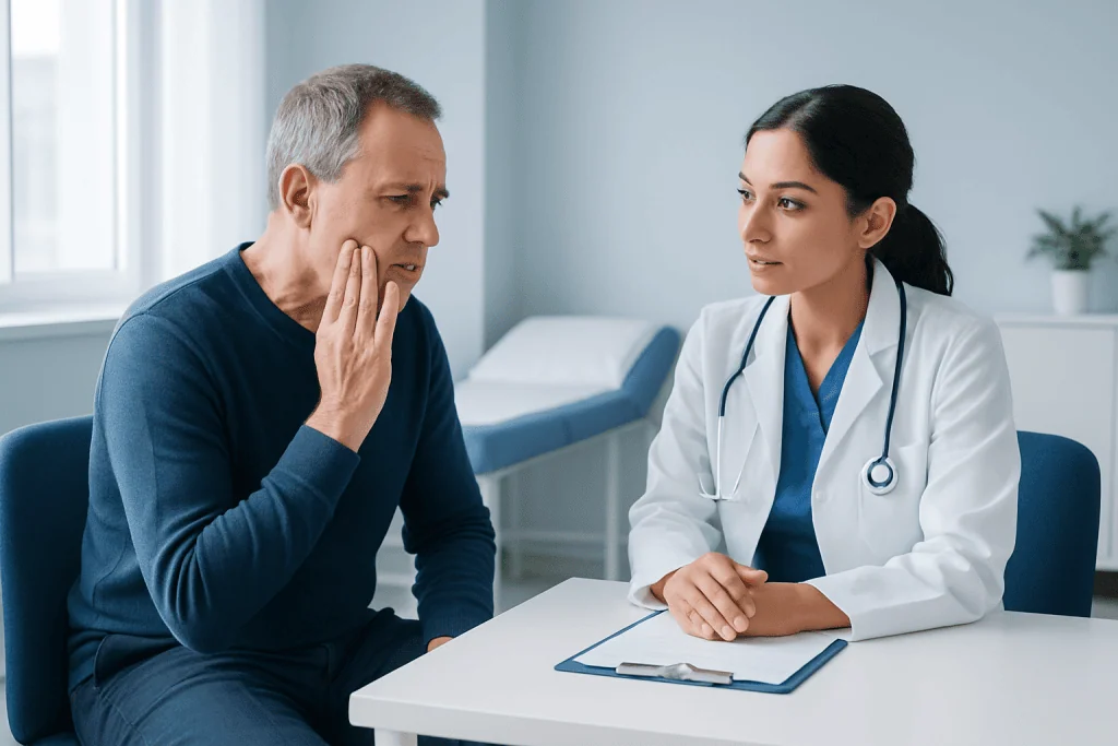 Doctor consulting with a patient about oral health issues in a clinic.
