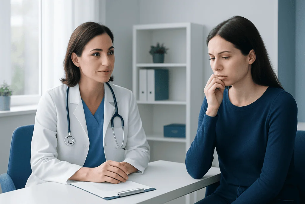 Doctor consulting with a patient about lip biting issues in a medical office.