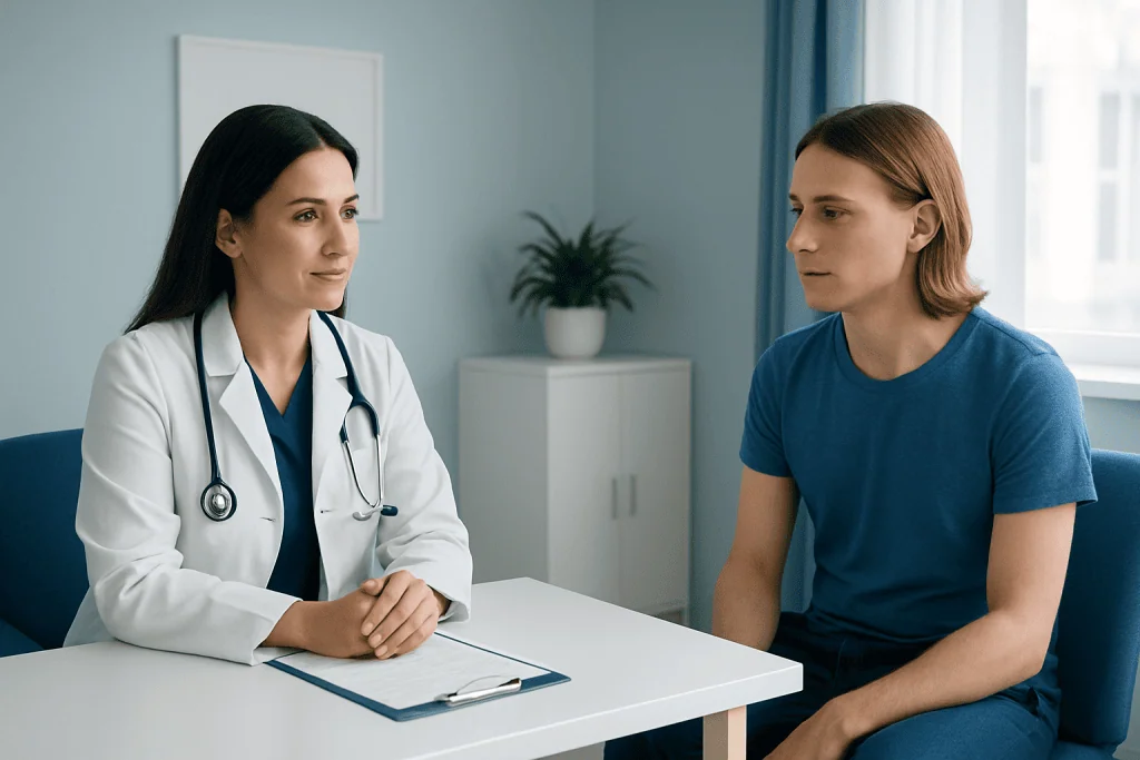 Doctor consulting with a young male patient in a medical office.