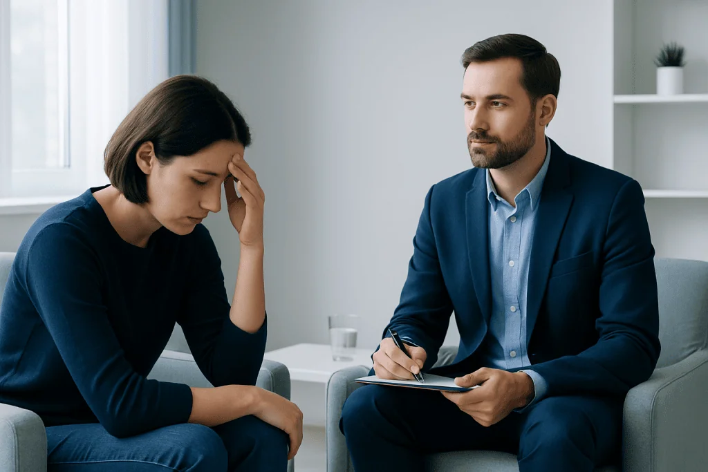 Therapist and patient during OCD therapy session in a clinical setting.