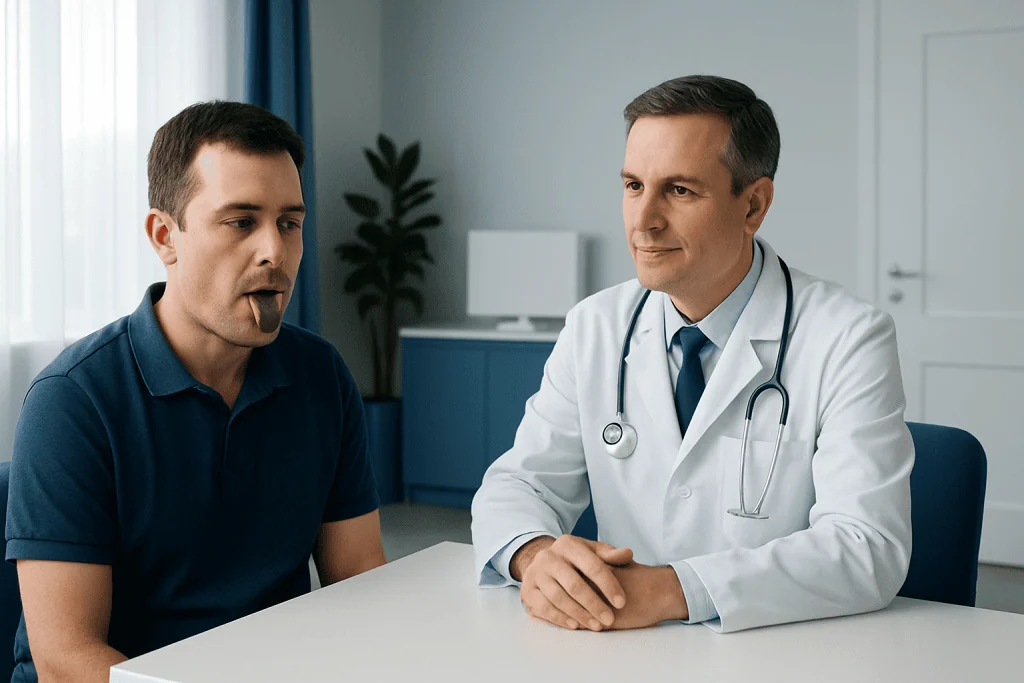 Doctor consulting with patient about health concerns in a medical office.
