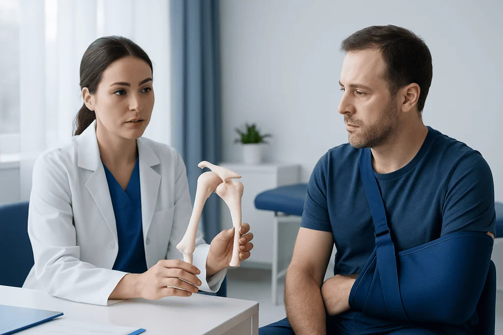 Doctor explaining shoulder dislocation to patient with arm in sling.