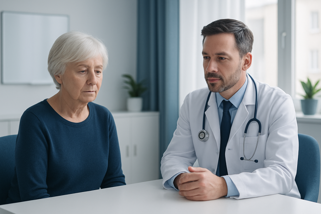 Doctor consulting with elderly woman in a medical office.