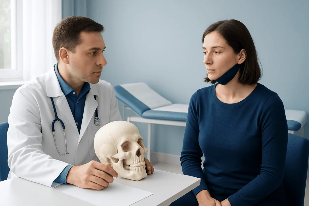 Doctor explaining facial injury to patient with skull model in clinic.