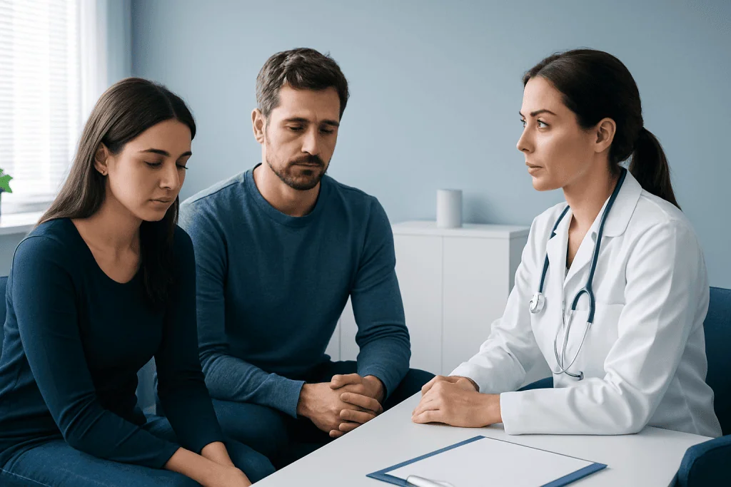 Doctor consulting with a couple about sleep disorder at clinic.