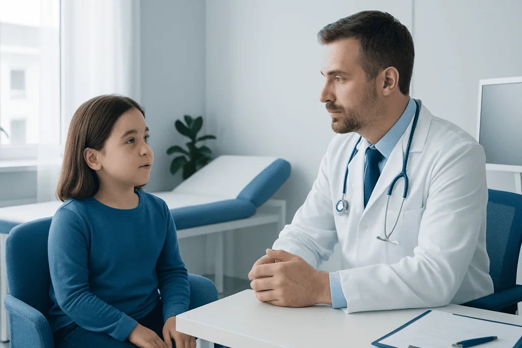 Pediatric doctor consulting young girl in a medical office.