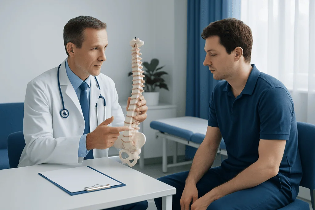 Doctor explaining spinal anatomy to patient in a medical consultation.