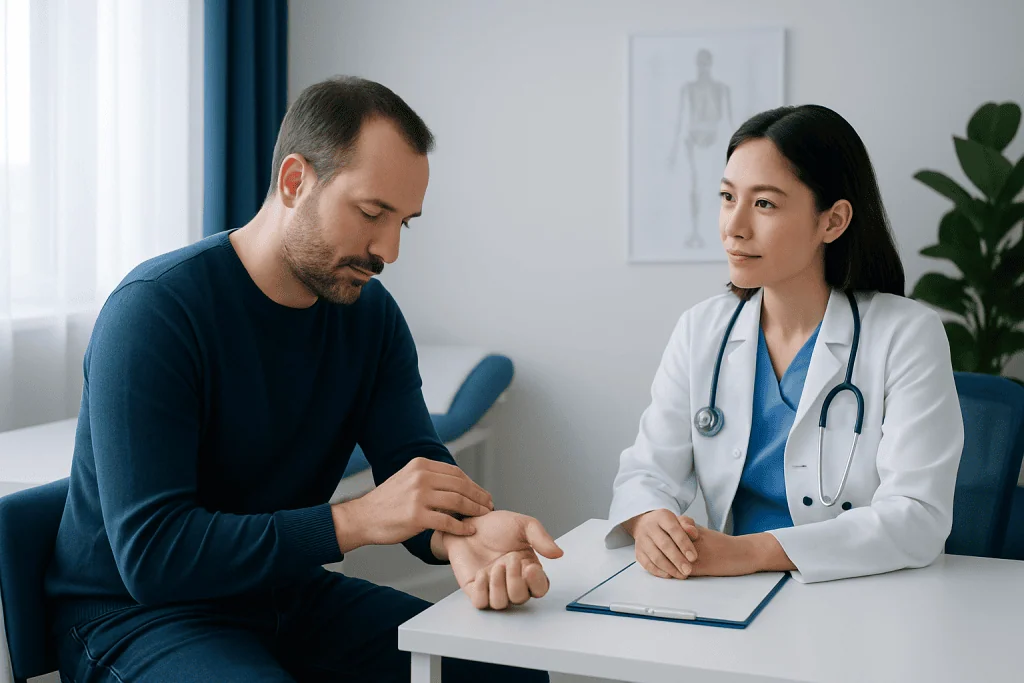 Doctor examining patient's wrist for carpal boss symptoms.