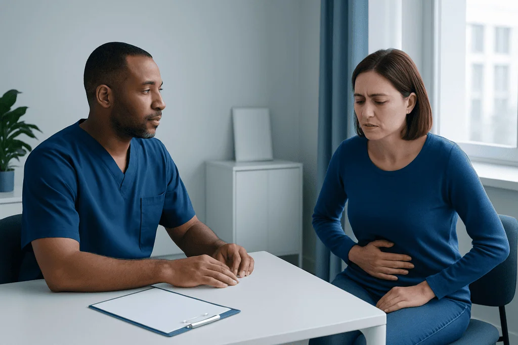 Doctor consulting with a woman patient experiencing stomach pain.