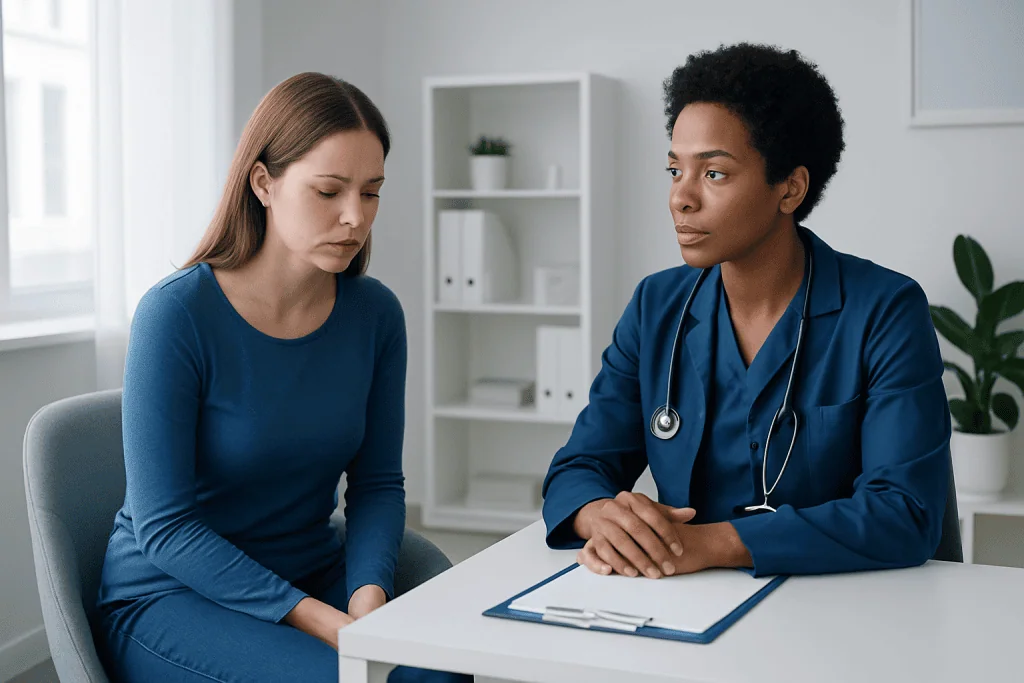 Doctor consulting with a patient about health concerns in a modern clinic.