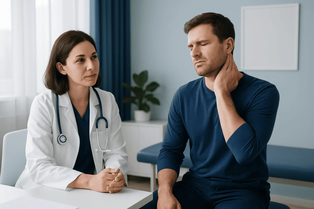 Doctor examining a patient with neck pain in a medical consultation room.