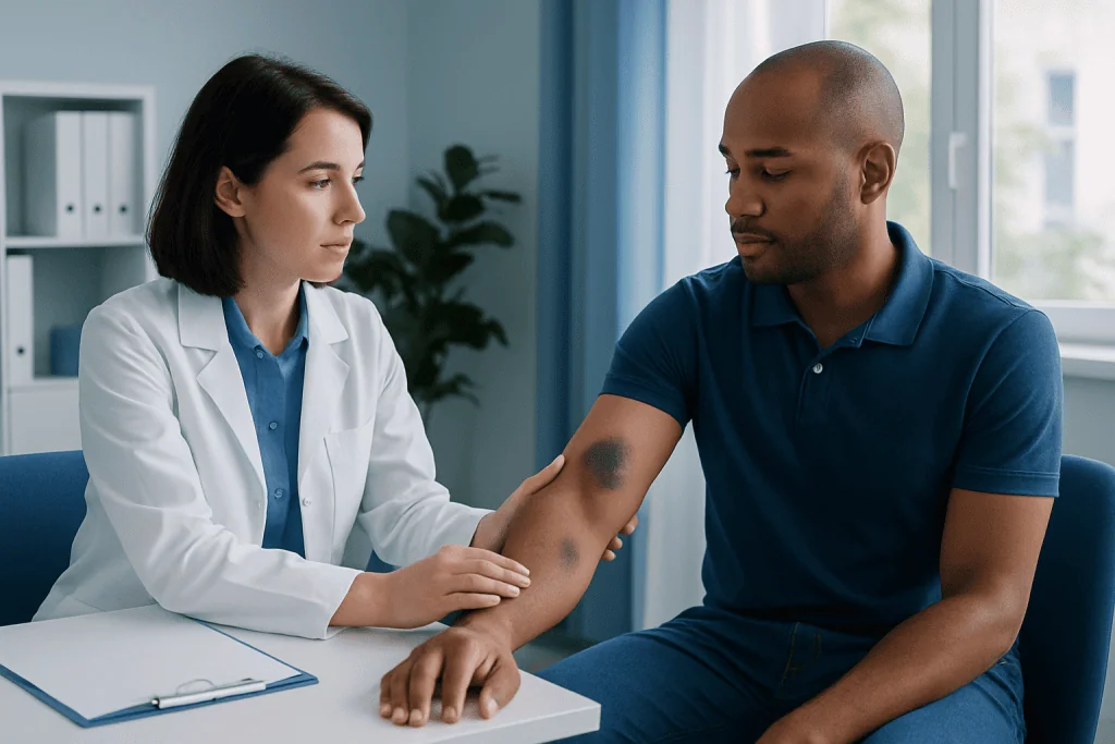 Doctor examining patient's arm at Acibadem Hospital.