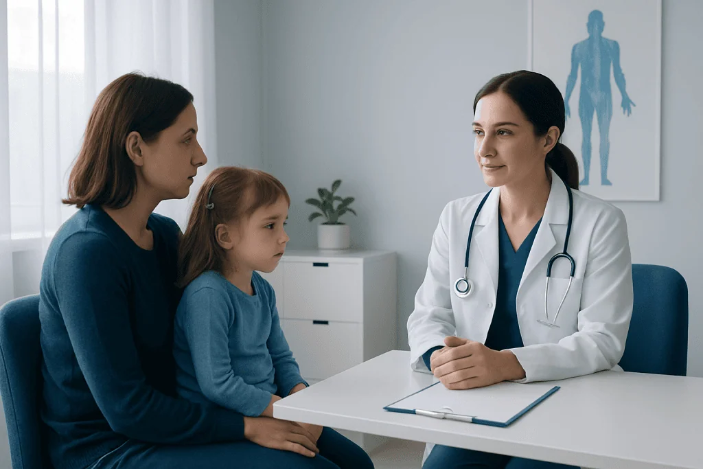 Doctor consulting mother and child in a medical office.