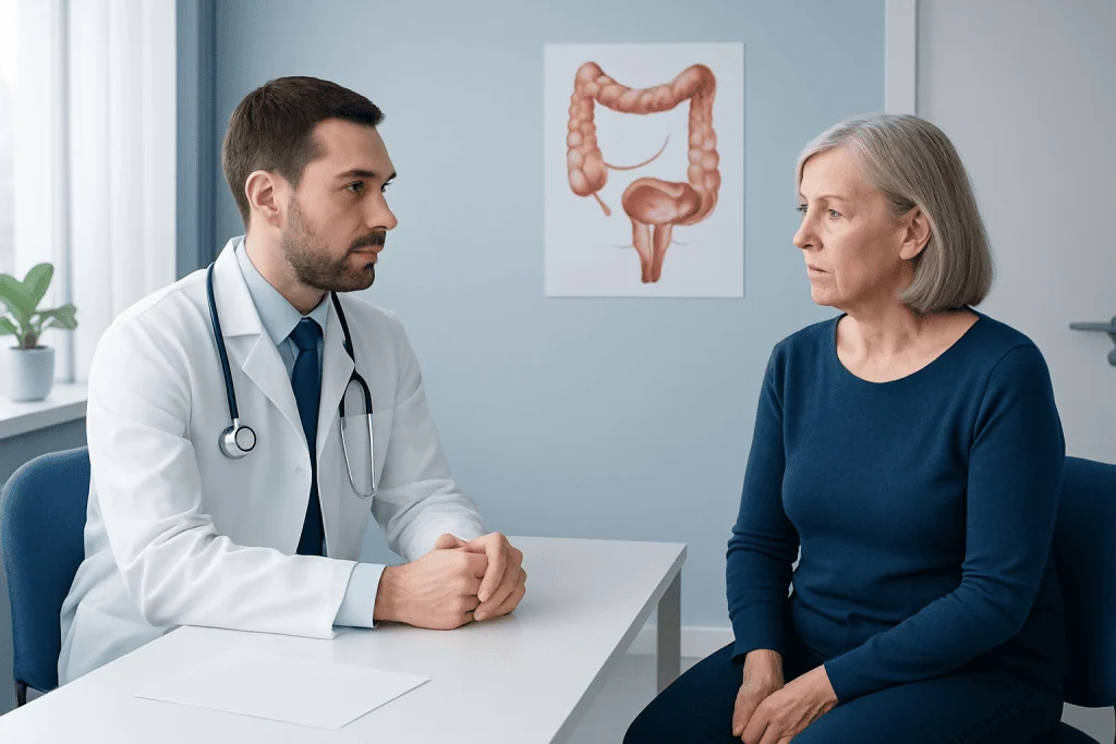 Doctor consulting elderly woman about colon health in a medical office.