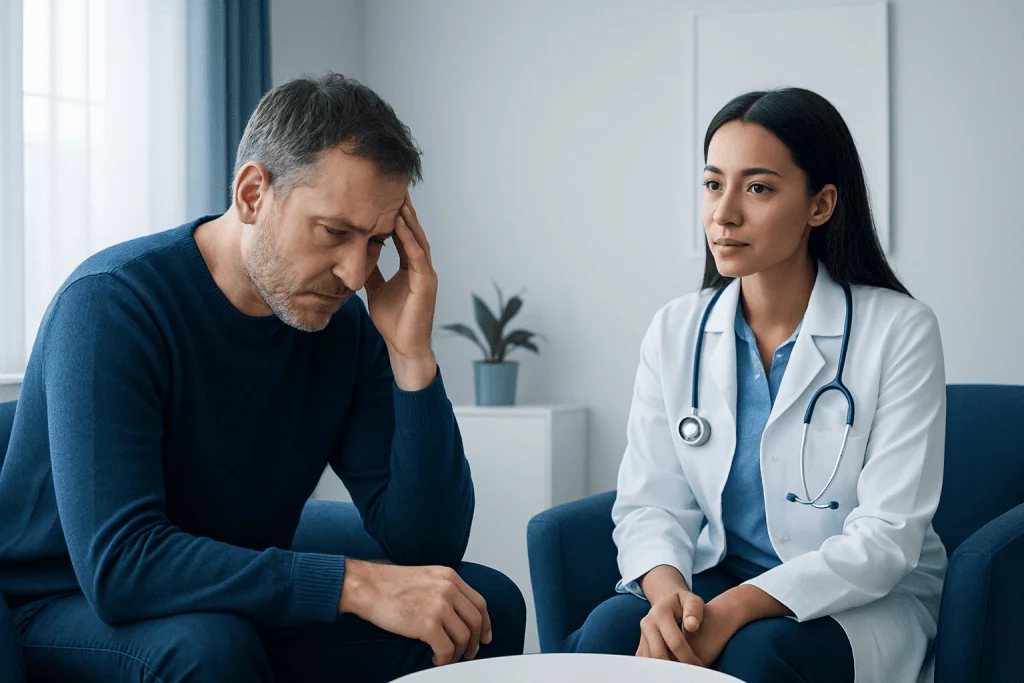 Patient distressed during consultation with doctor at Acibadem Hospital.