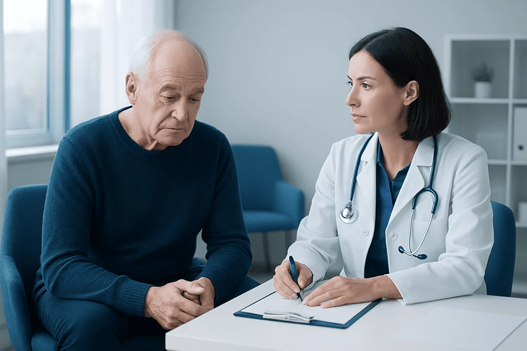 Doctor consulting with elderly patient in a medical office setting.