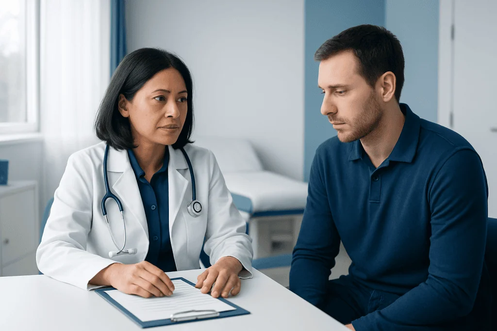 Doctor consulting with a male patient in a medical office setting.