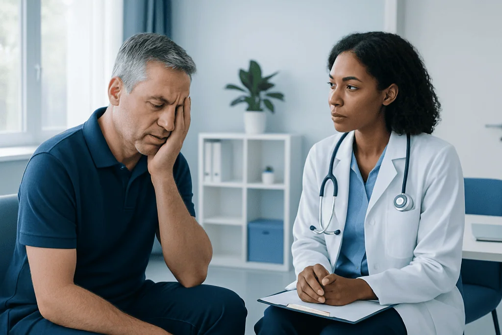 Doctor consulting with a patient experiencing headache pain.