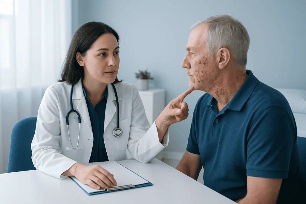 Doctor examining a patient's skin with skin condition symptoms.